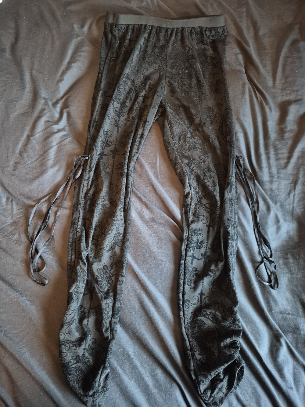 Black Sheer Mesh & Velvet Fleur Cameo Pants W Ankle Tie Ruching